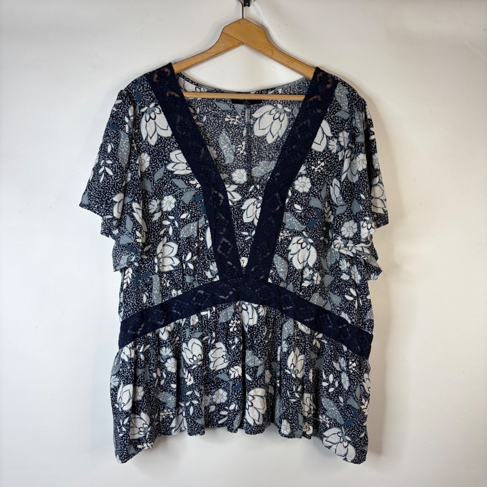 Lane Bryant Blouse Women 28 Blue Floral Lace Trim Boho Peplum Top